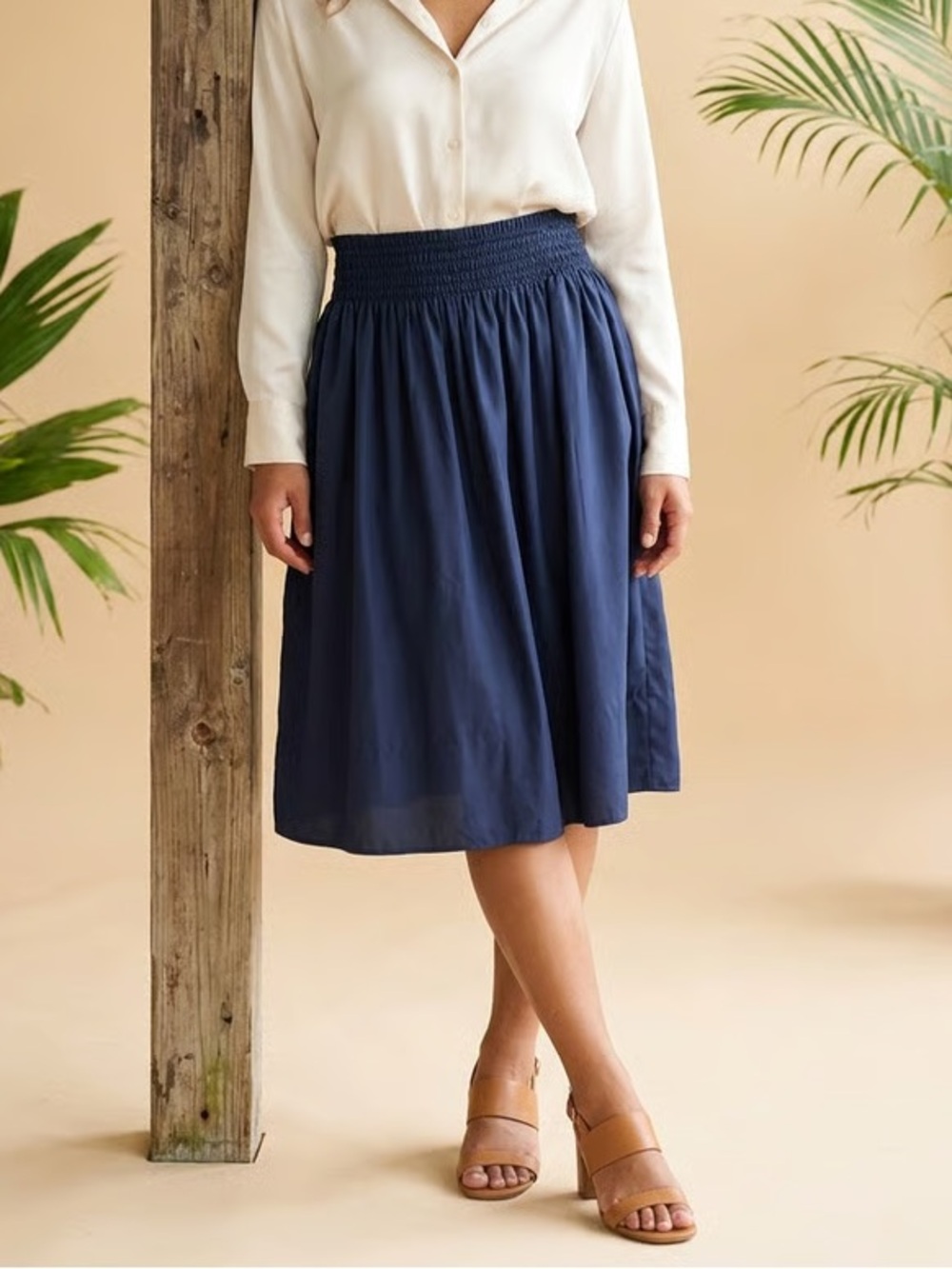 TALBOT'S | Navy Blue 100% Silk Smocked-Waist Midi Skirt Sz 0X